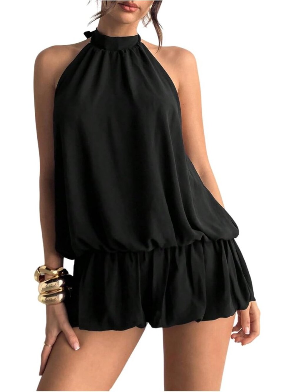 Women's Black Tie Open Back Sleeveless Ruffle Hem Polyester Halter Dress